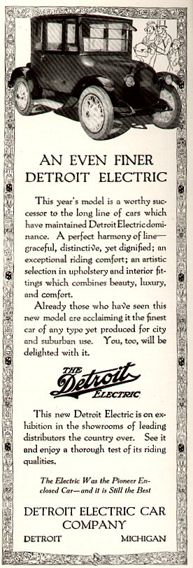 "1920DetroitElectricAd" by Public domain US advertisement, Previously uploaded to en:Wikipedia by User Infrogmation on en.wikipedia - Scanned from 1920 US magazine by Infrogmation. Previously uploaded to en:Wikipedia by Infrogmation, from en.wikipedia; description page is (was) here00:36, 12 February 2004 Infrogmation 276x812 (87,965 bytes) (Detroit Electric automobile ad from February, 1920 magazine). Licensed under Public domain via Wikimedia Commons - https://electragirl.com/wp-content/uploads/sites/2/2014/07/File1920DetroitElectricAd.jpg
